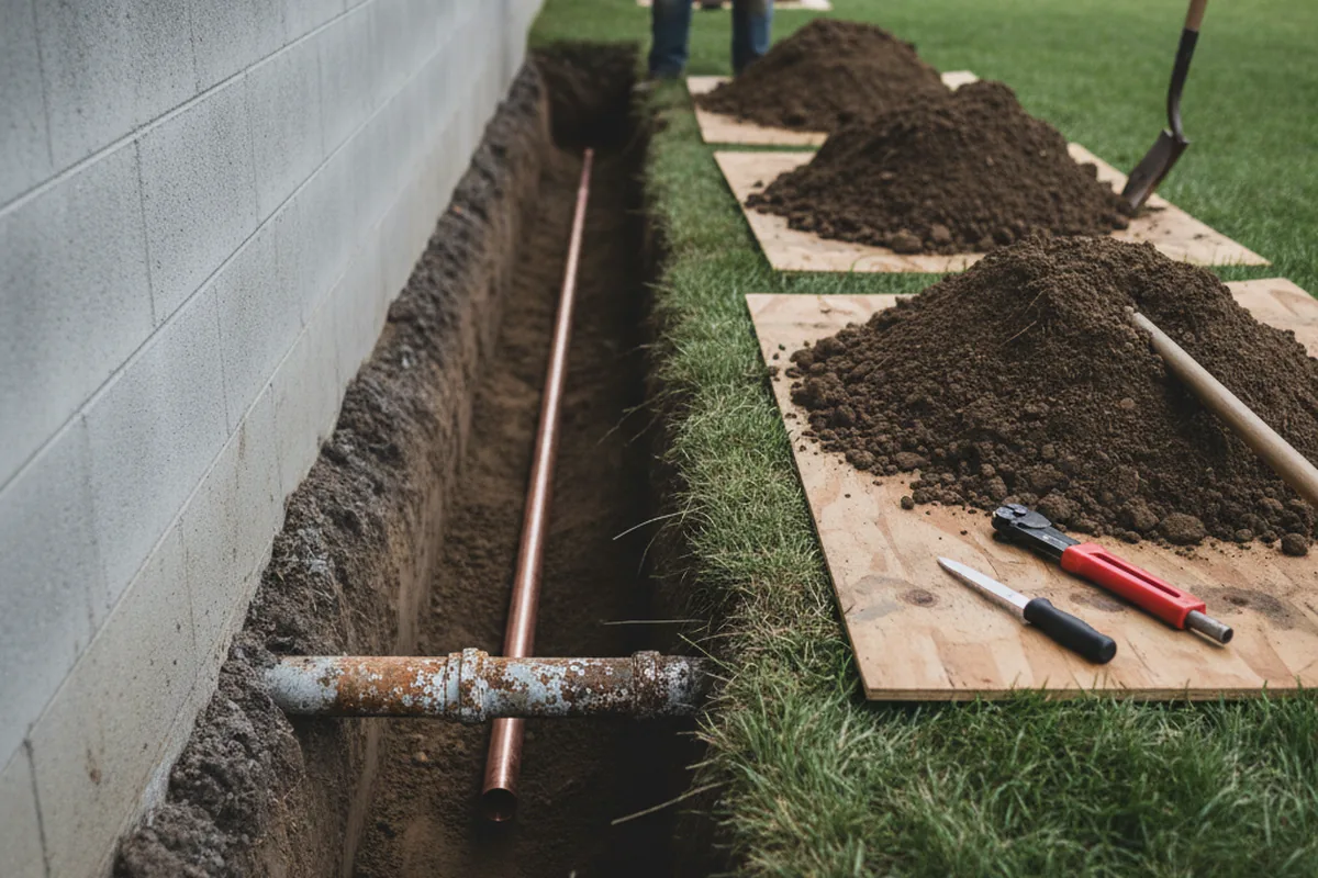 Excavated water line trench during Water Softener Installation in Stanberry